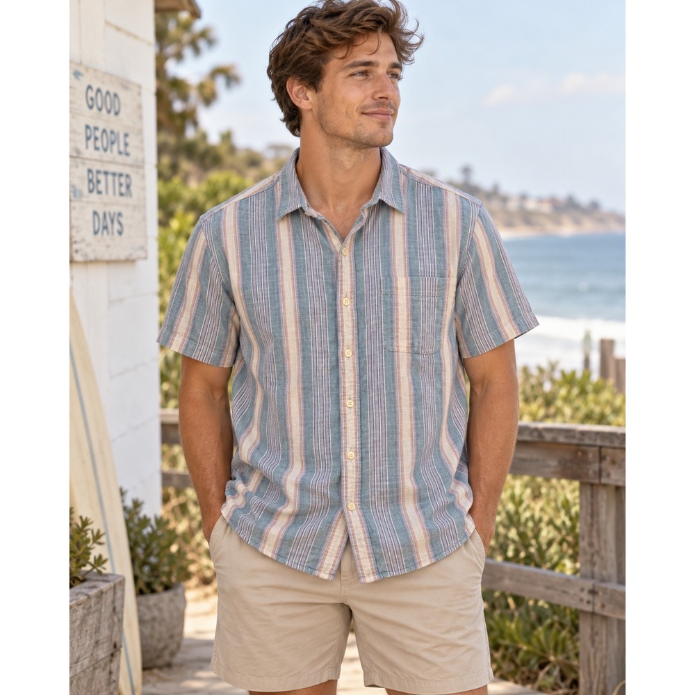 American Eagle Mens XL Blue Pink Striped Short Sleeve Button Up Cotton Shirt